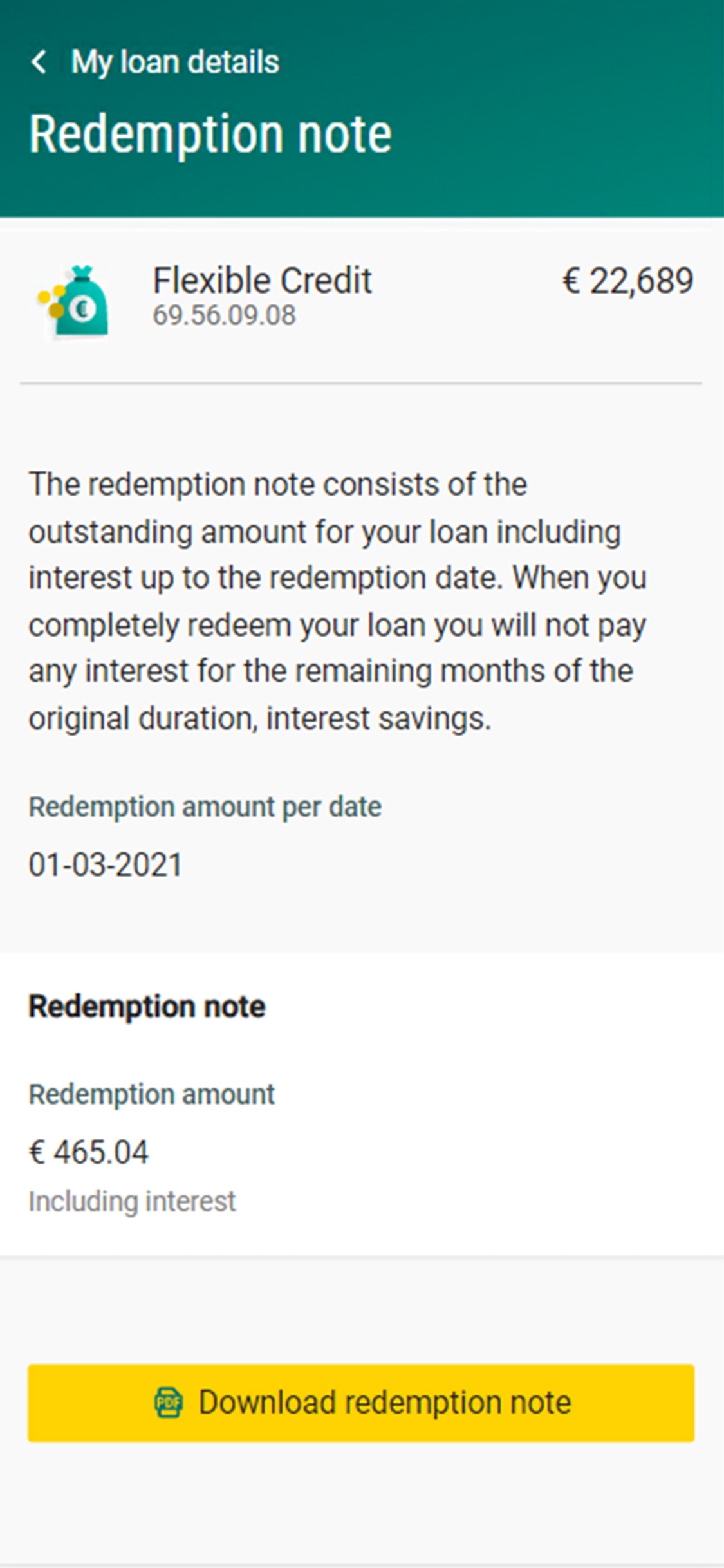 Redemption note Flexibel Krediet